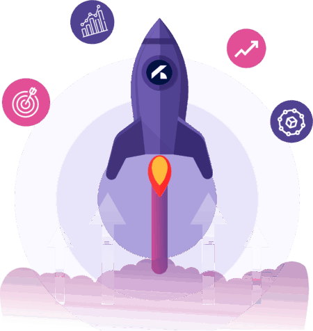Accelerating Business Growth Rocket launching upward surrounded by icons for analytics, targeting, optimization, and growth, representing scalable business growth and performance marketing.