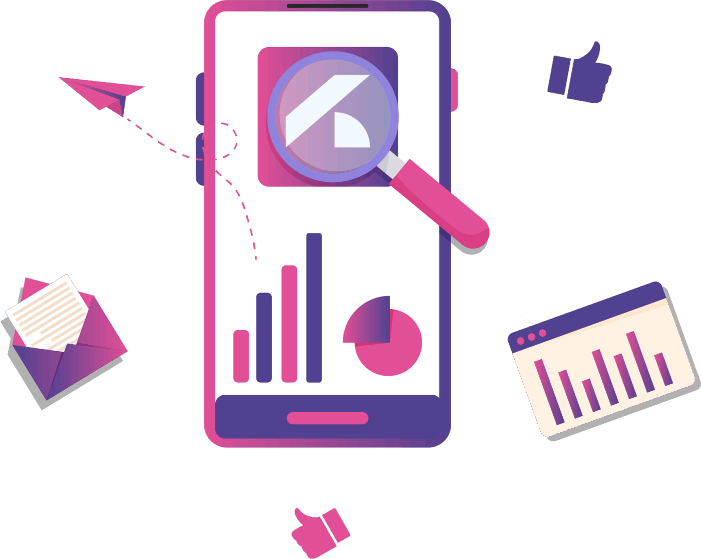 Mobile First Performance Insights Smartphone displaying analytics charts and graphs with a magnifying glass, surrounded by icons for email, engagement, and performance, representing mobile first analytics and optimization.