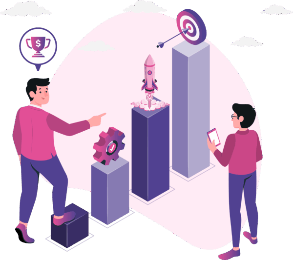 Goal Focused Growth Strategy Team analyzing growth pillars as a rocket launches upward toward a target, with icons for revenue, optimization, and performance, representing strategic business growth.