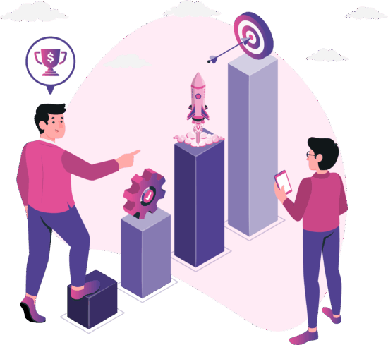 Goal Focused Growth Strategy Team analyzing growth pillars as a rocket launches upward toward a target, with icons for revenue, optimization, and performance, representing strategic business growth.