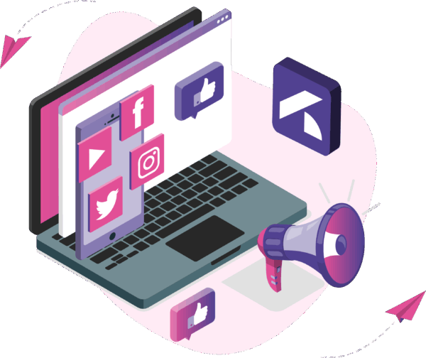 Paid Social Media Growth Laptop and mobile device displaying social media icons with a megaphone, representing paid social advertising, content distribution, and audience engagement.