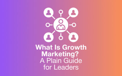 Graphic showing interconnected audience icons above the text What Is Growth Marketing? A Plain Guide for Leaders on a blue to purple gradient background.
