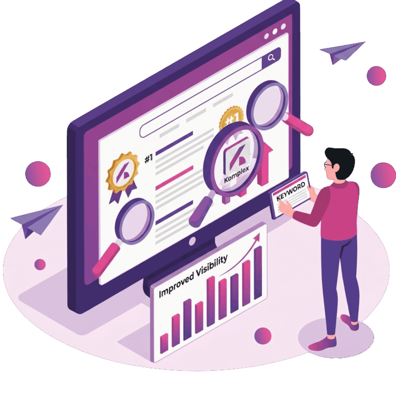 SEO keyword research and search ranking visibility Isometric illustration of a marketer reviewing keyword research as Komplex ranks number one in search results.