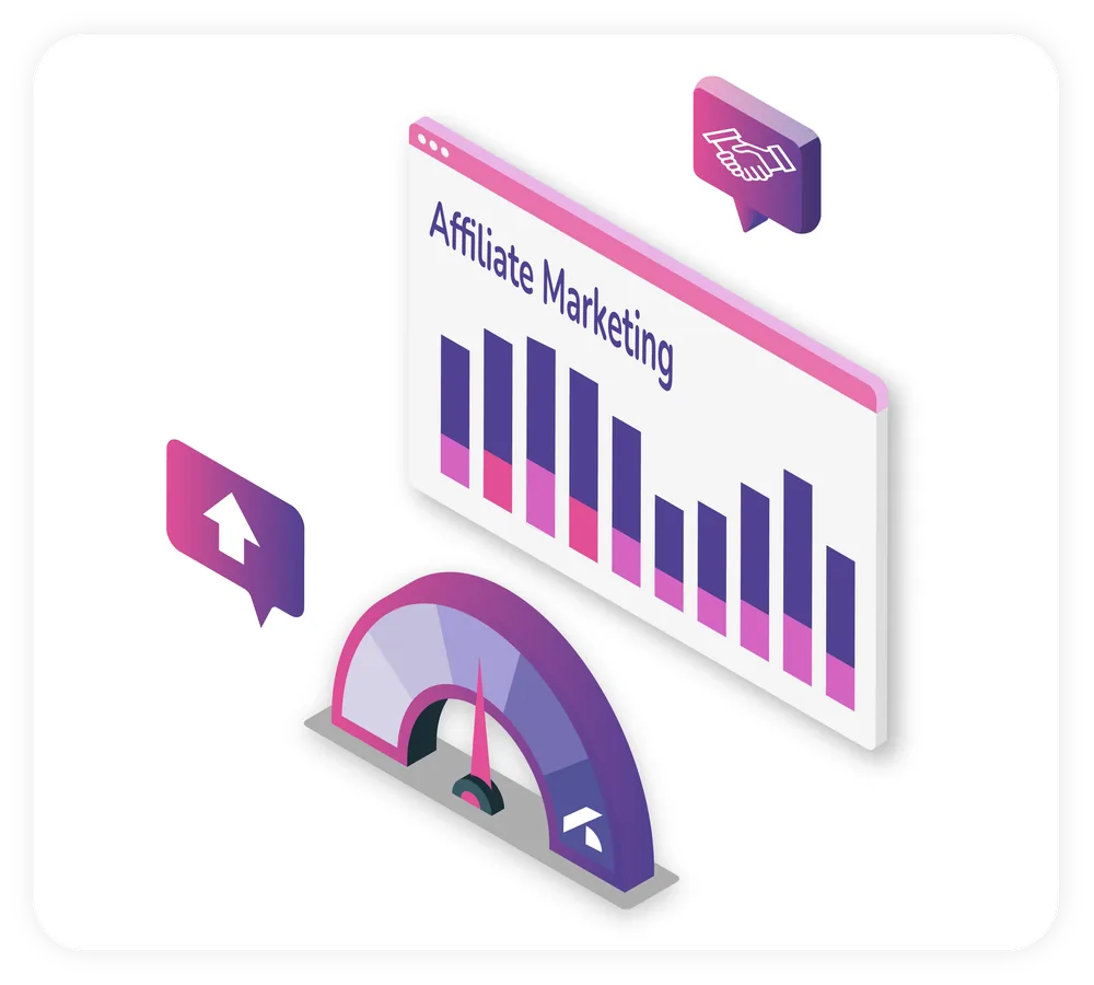 Affiliate Marketing Management Dashboard labeled Affiliate Marketing with performance bars and growth gauge, representing affiliate program management and performance tracking.