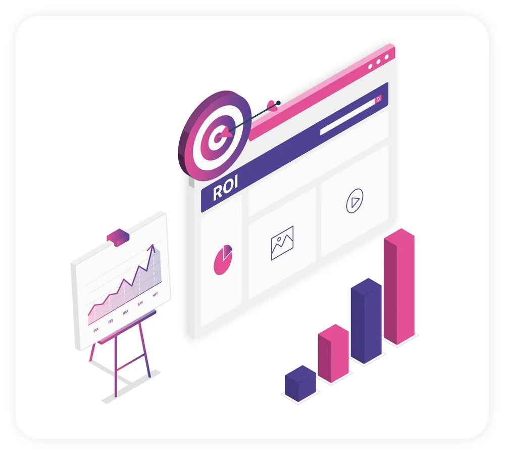 Display Advertising Management Marketing dashboard showing ROI metrics, growth charts, and performance bars, representing display advertising and campaign performance tracking.