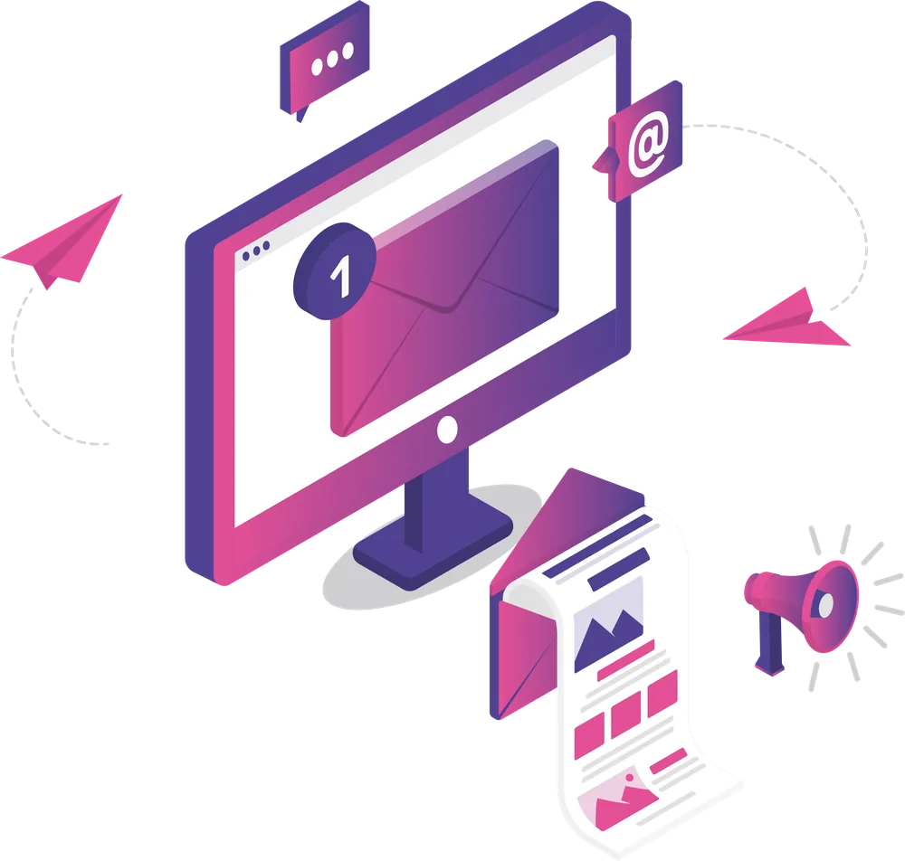 Email Marketing Services Email marketing illustration with inbox notification, newsletter, and megaphone, representing automated email campaigns and communication strategy.