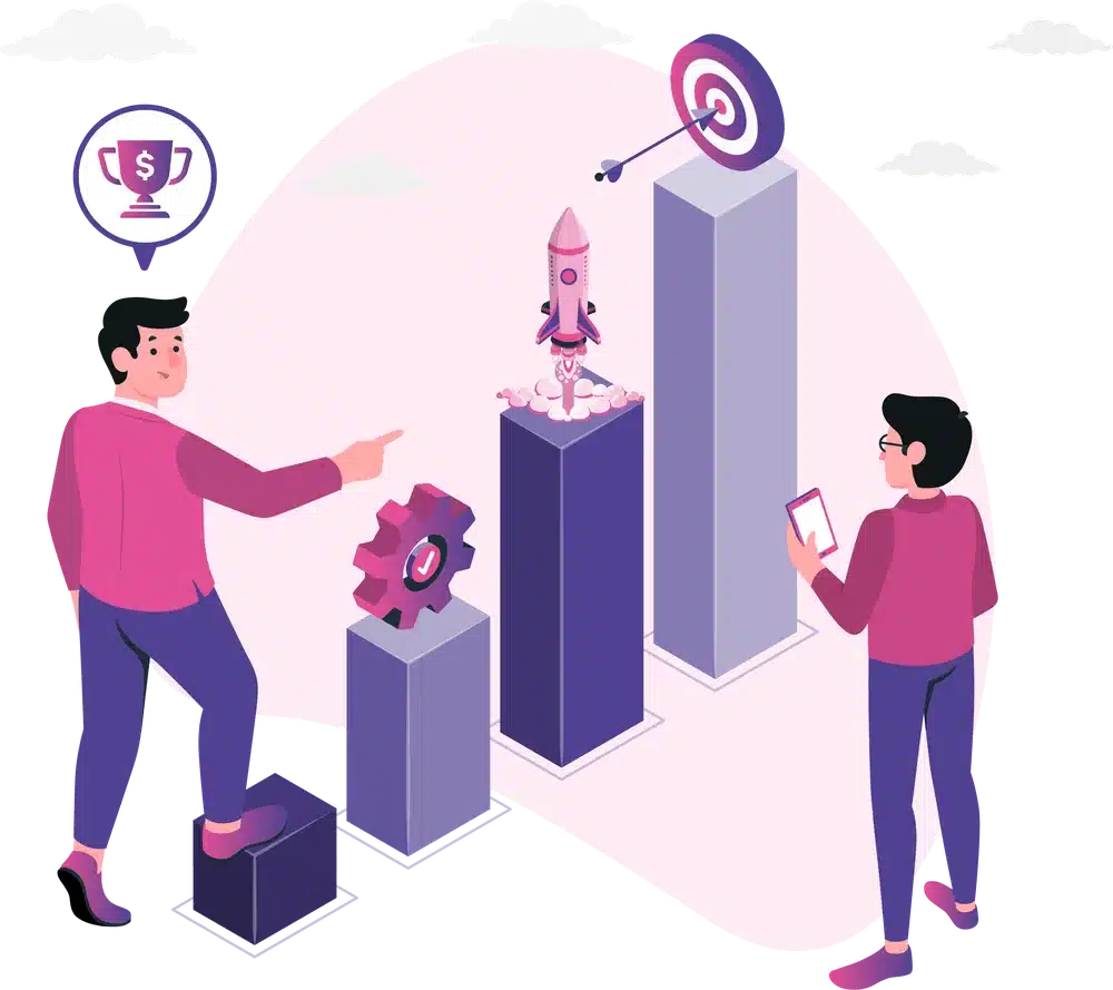 Goal Focused Growth Strategy Team analyzing growth pillars as a rocket launches upward toward a target, with icons for revenue, optimization, and performance, representing strategic business growth.