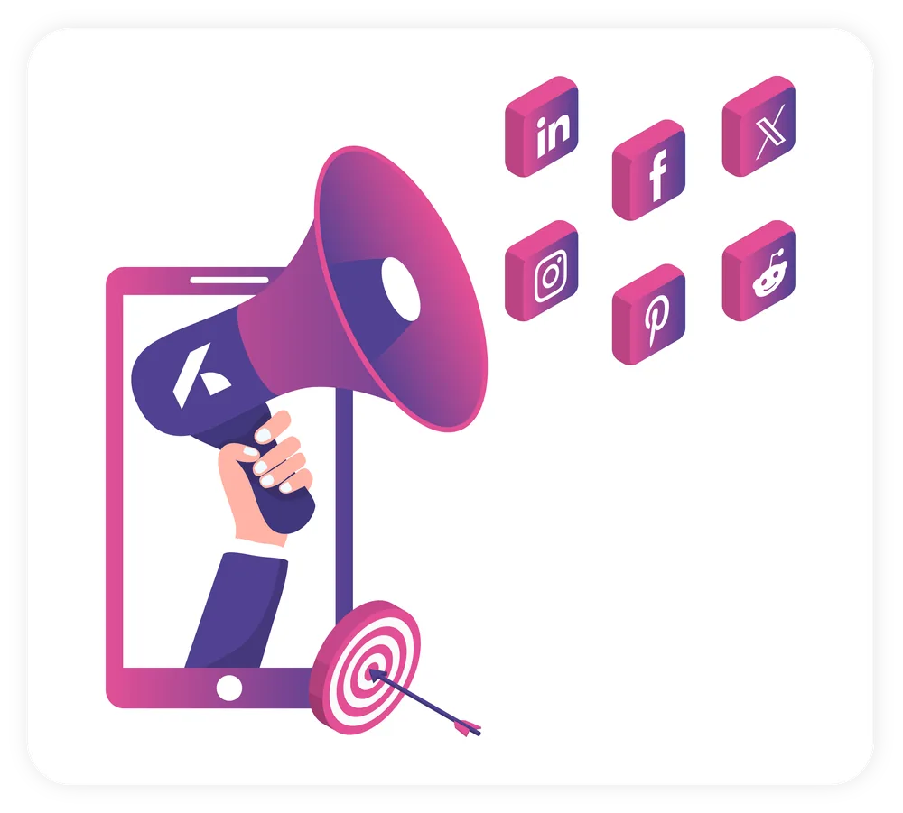 Paid Social Media Advertising Megaphone emerging from a mobile device with social media platform icons and a target, representing paid social media advertising.