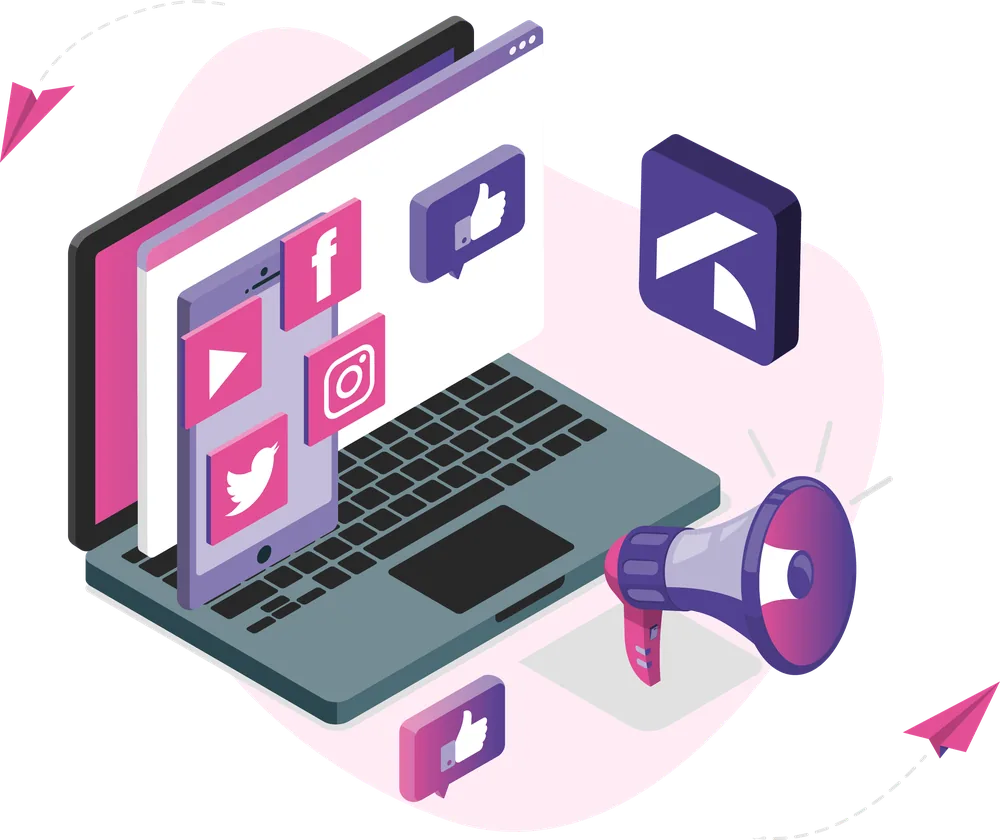 Paid Social Media Growth Laptop and mobile device displaying social media icons with a megaphone, representing paid social advertising, content distribution, and audience engagement.