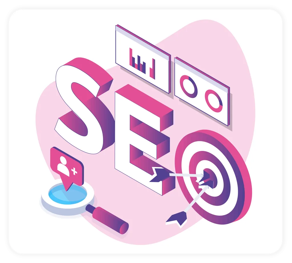 Search Engine Optimization Services Large SEO letters with target, analytics charts, magnifying glass, and user icon, representing search engine optimization and targeted traffic growth.
