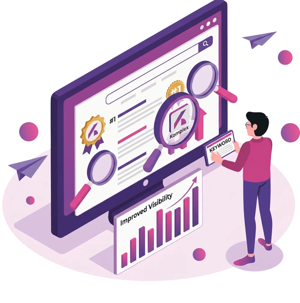 SEO keyword research and search ranking visibility Isometric illustration of a marketer reviewing keyword research as Komplex ranks number one in search results.